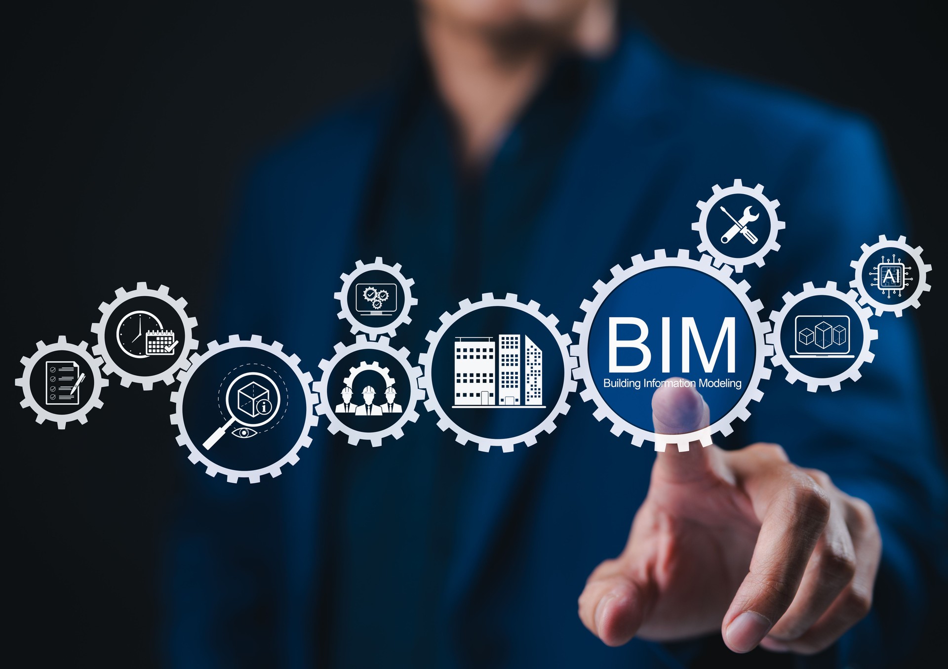 BIM Building Information Modeling Technology Concept. A professional interacts with BIM tech icons, 3D modeling, architecture planning, AI, project collaboration, software, smart construction elements
