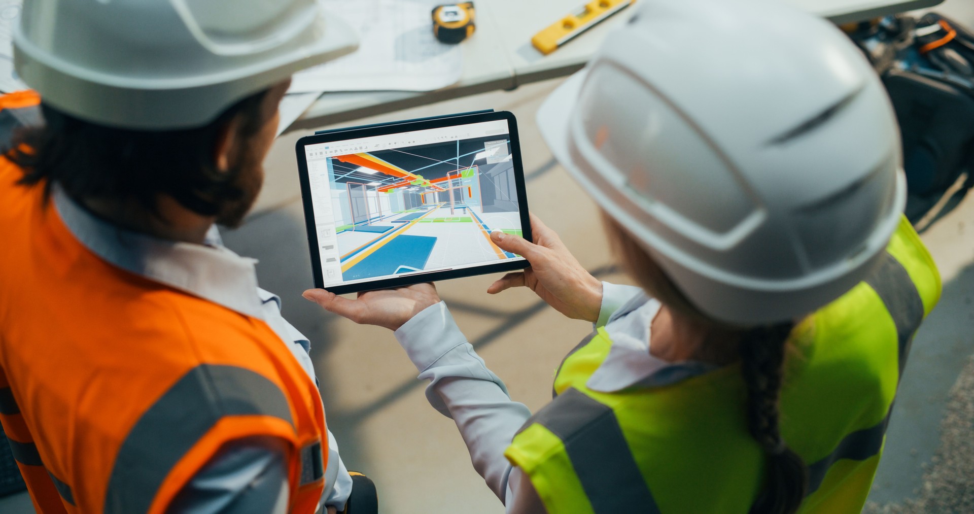 Construction and Site Managers Having a Meeting at a Construction Site. Specialists Using Tablet Computer to Demonstrate the Visualization of a 3D Virtual Building Plan from Inside
